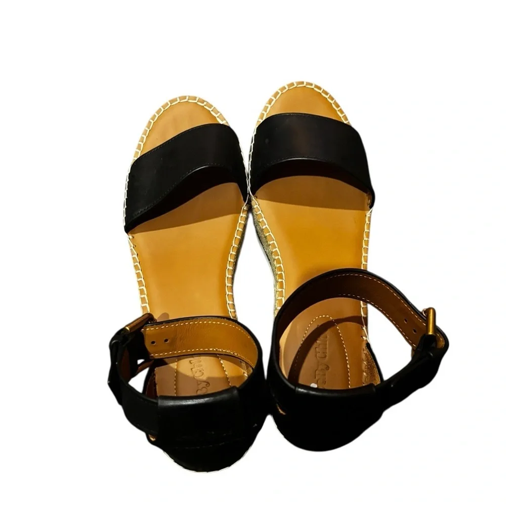 See by Chloe Glyn Espadrilles Wedge Black Leather Ankle Strap Sandals Sz 40